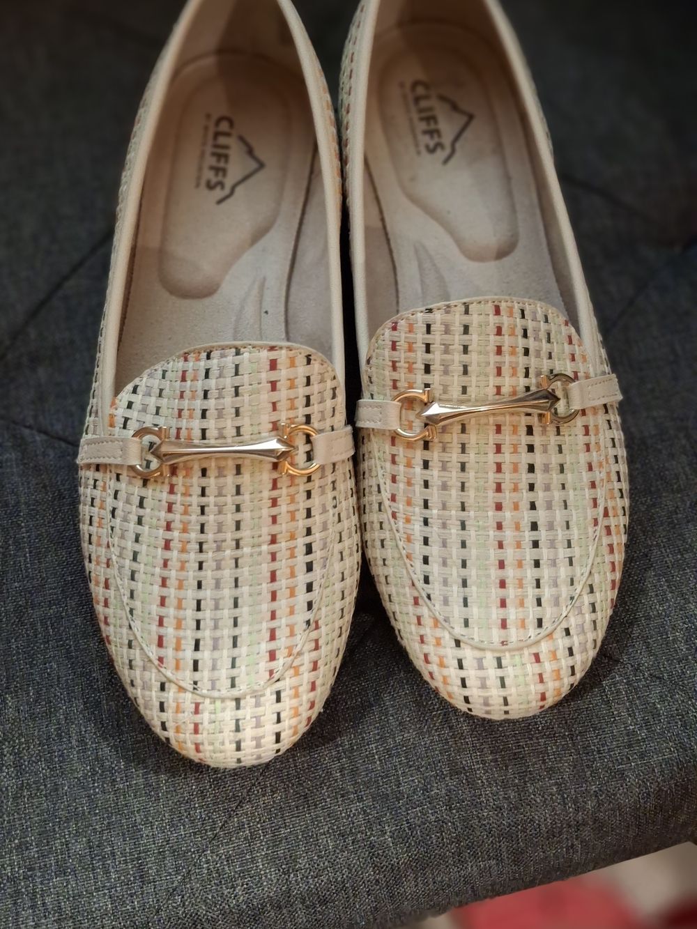 White Mountain Cliffs Beige Woven Loafers with Gold Bit and Multicolor Stripes
